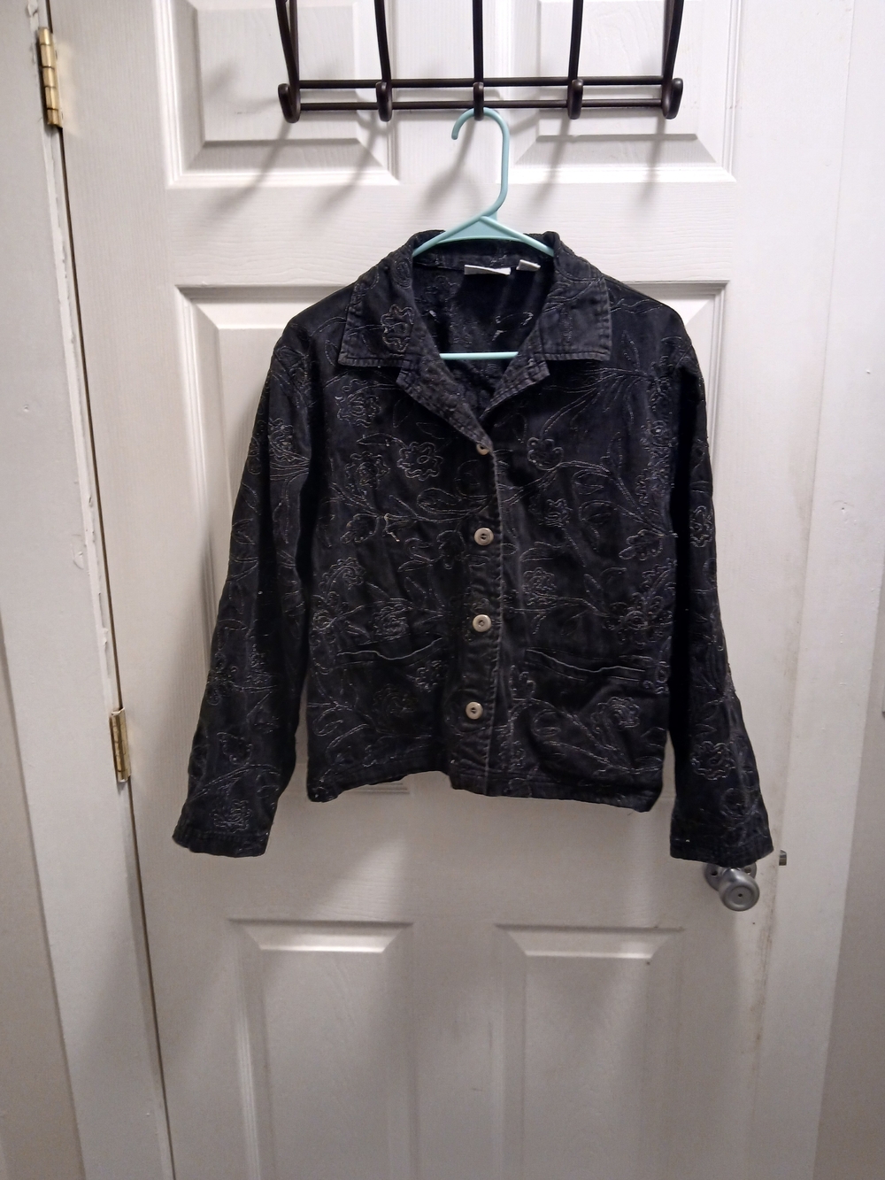 Chico's Black Embroidered Button-Front Jean Jacket